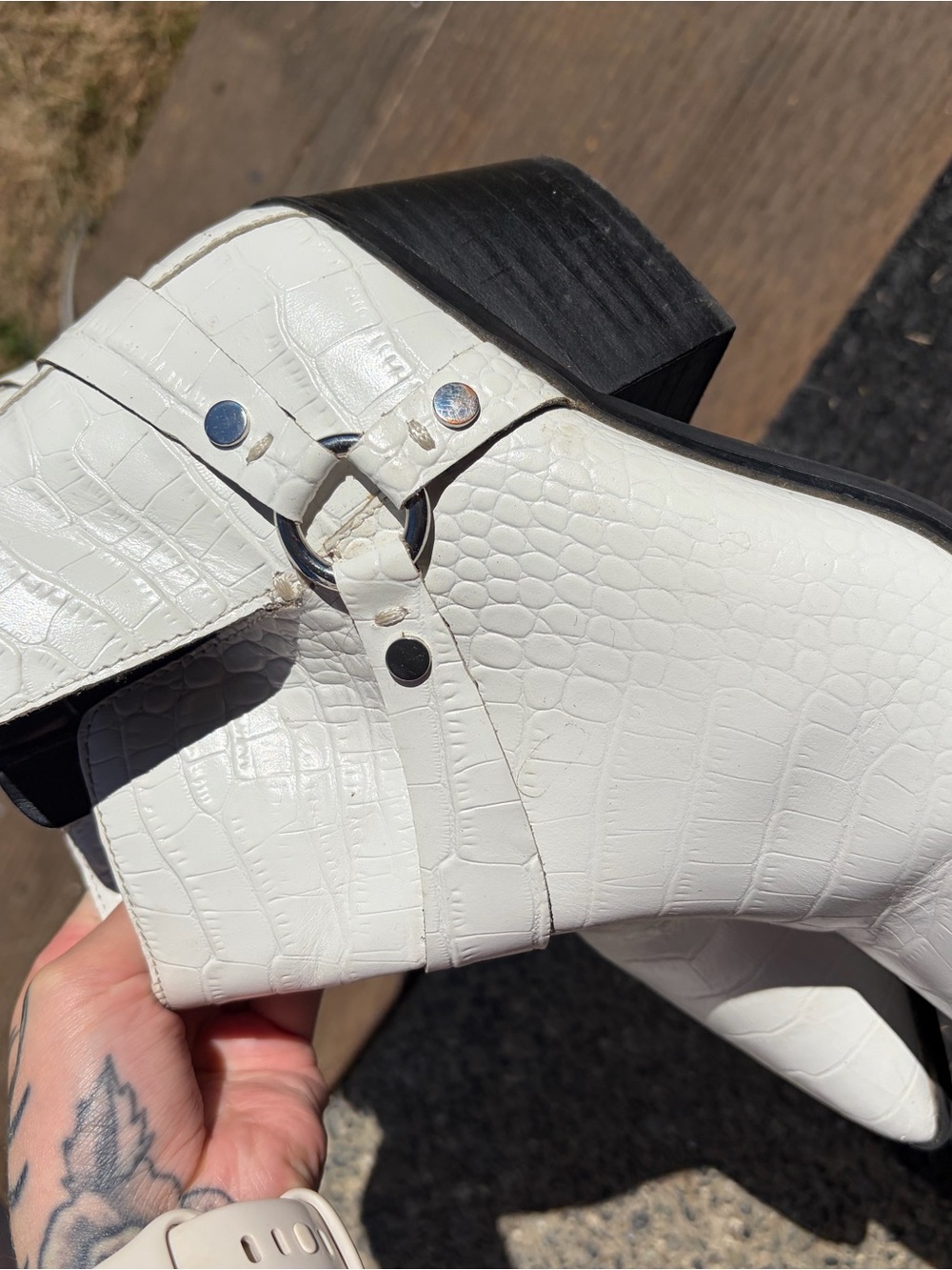 Aldo White Croc-Embossed Ankle Boot with Silver Ring Detail